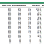Debt amortization table detailing monthly payments and remaining balance.