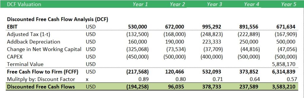 Discounted Free Cash Flow Analysis (DCF) Table | eFinancialModels Table presenting discounted cash flow analysis factors including EBIT, tax adjustments, depreciation, and Free Cash Flow calculations.