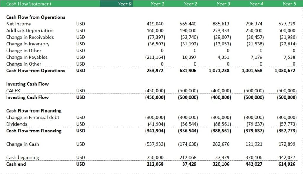 Detailed Cash Flow Statement Over Five Years | eFinancialModels Cash flow statement showing operations, investing, and financing cash flows from Year 0 to Year 5.
