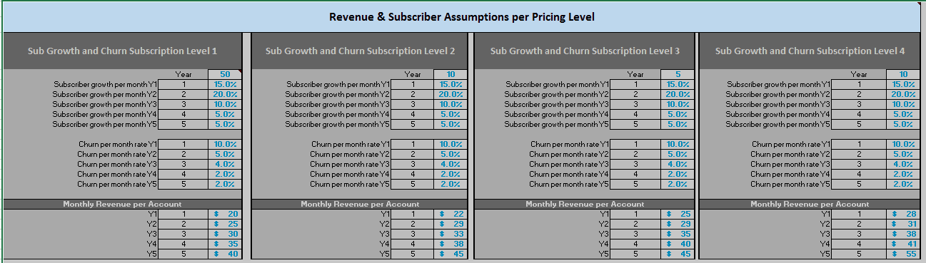 Revenue & Subscriber Assumptions per Pricing Level