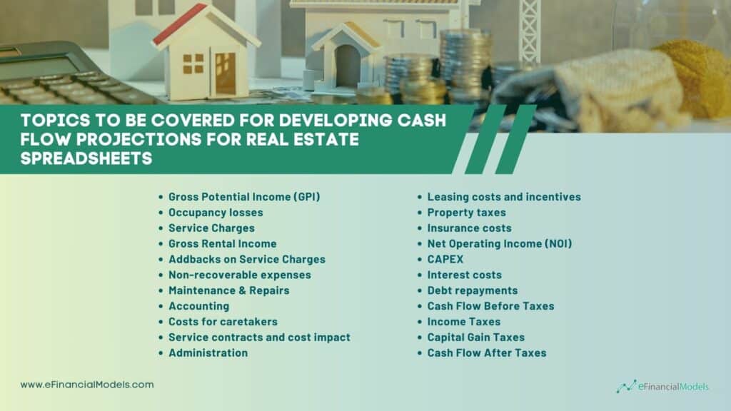 Essential Topics for Real Estate Cash Flow Projections | eFinancialModels List of topics for developing cash flow projections in real estate analysis.