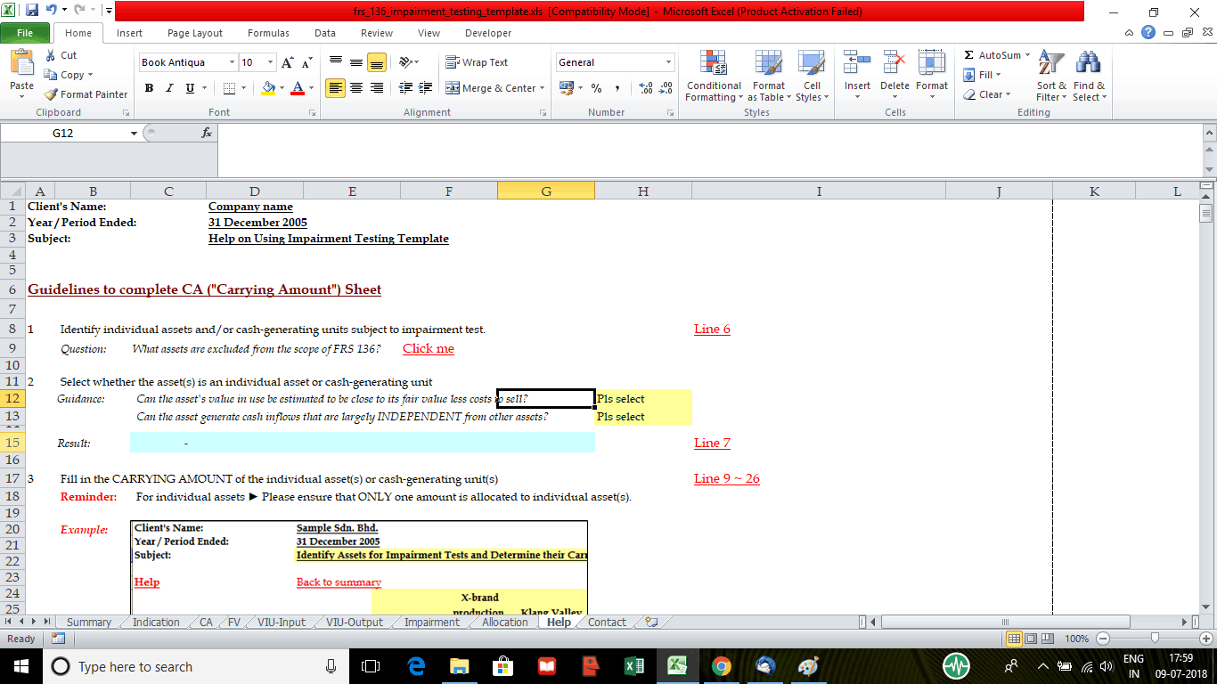 Guidelines for Completing Impairment Testing Template | eFinancialModels Instructions for filling out the Carrying Amount sheet in an impairment testing Excel template.