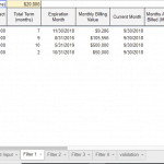 Table showing client contracts, billing status, and key financial metrics.