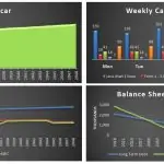 Financial charts displaying average car prices, income statement components, and balance sheet metrics for business analysis.