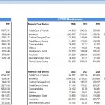 Financial Metrics and KPIs Overview (2018-2025) | eFinancialModels Image showing a financial report with income statements, COGS details, and ratios for 2018-2025.