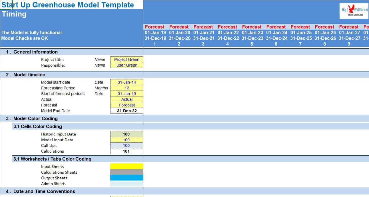 Start Up Greenhouse Model Template Overview | eFinancialModels Screenshot of the Start Up Greenhouse Model Template displaying project info, timeline, and color coding