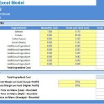 Restaurant Menu Pricing Excel Model | eFinancialModels Excel model displaying restaurant ingredient costs, pricing range, and profit margin calculations.