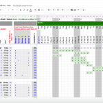 Project management spreadsheet displaying tasks, timelines, and team member assignments.