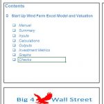 Startup Wind Farm Excel Model Table of Contents | eFinancialModels Contents list for Startup Wind Farm Excel model including inputs and outputs.