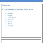 Pre Sold Apartments Real Estate Model Contents | eFinancialModels Contents layout for Pre Sold Apartments Real Estate Model template.