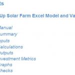 Start Up Solar Farm Model Table of Contents | eFinancialModels Table of contents for solar farm Excel model with key sections listed.