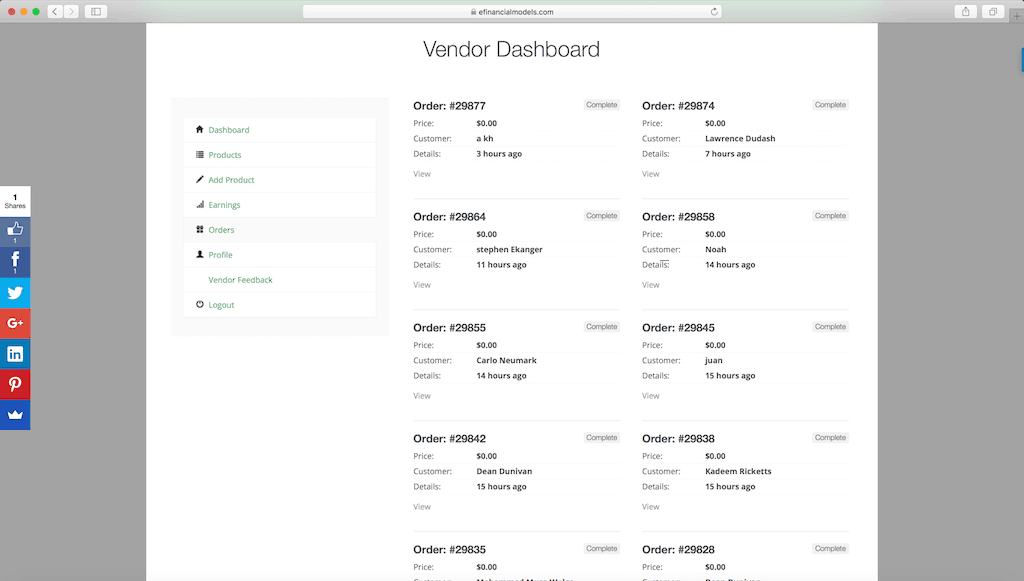 Order Menu in the Vendor Dashboard