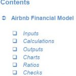 Airbnb Financial Model Contents Overview | eFinancialModels Table of contents for Airbnb financial model listing inputs, calculations, outputs, charts, ratios, and checks.