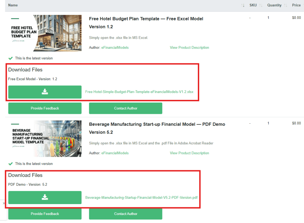Download Options for Financial Model Templates | eFinancialModels User interface showing downloadable hotel and beverage financial models.