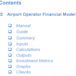 Airport Operator Financial Model Contents Overview | eFinancialModels Navigation menu for the Airport Operator Financial Model's components.