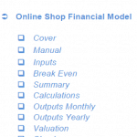 Online Shop Financial Model Table of Contents | eFinancialModels Table of contents for an online shop financial model listing key sections.