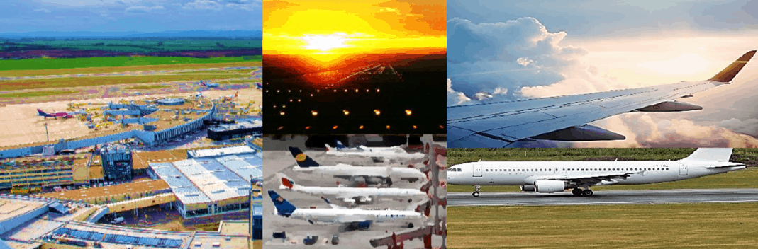 Collage of aviation images highlighting airports and aircraft operations.