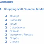Shopping Mall Financial Model Table of Contents | eFinancialModels Structured table of contents for the Shopping Mall Financial Model sections.