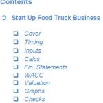 Contents Outline for Food Truck Financial Model | eFinancialModels Navigation list of sections in a food truck business financial model.