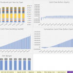 Graphs illustrating production units, cumulative cash flow, and net margin for financial analysis.