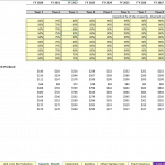 Capacity planning chart showing expected capacity and labor costs for item types over ten years.