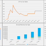 Financial Performance Metrics Overview | eFinancialModels Charts showing CaC vs LTV, churn rate, active users, and revenue types.