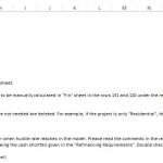 Instructions for navigating the financial model template, including project and funding input guidelines.