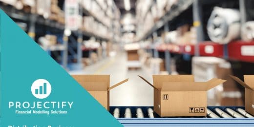 Distribution financial projection model with boxes on a conveyor belt.