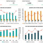 SaaS customer dashboard showing visitors, new customers, active customers, and churn rates monthly data.