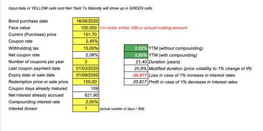 Bond Net Yield to Maturity Calculator