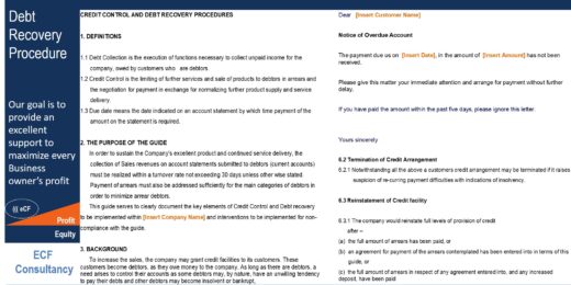 Guidelines for debt recovery procedures with definitions and customer notification templates.