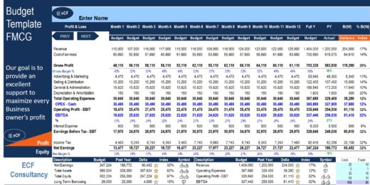 Monthly profit and loss budget template with revenue and expense details.
