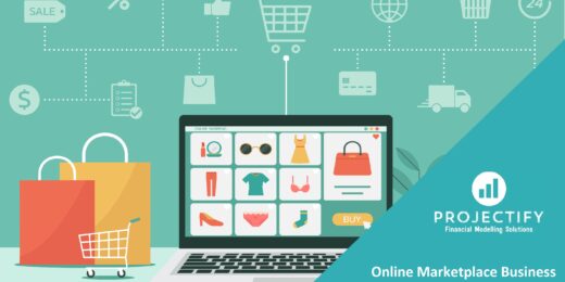 E-commerce financial projection model with product listings and visuals.