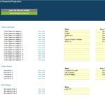 Financial projection setup showing expense categories, assets, and sales tax status.