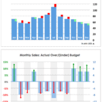 Monthly Sales Analysis: Actual vs. Budget | eFinancialModels Charts showing monthly sales vs. budget and percentage variance over each month