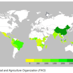 World map showing coffee yield distribution in kilograms per country.