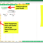 Excel investment sheet showing capital expenses, depreciation calculation, and instructions for use.