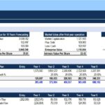 Financial model illustrating intrinsic value, market capitalization, and projections for revenue and EBITDA across a decade.