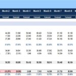 Break-even analysis showing total revenue, costs, and margins for 12 months.