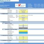 Mobile App Financial Model Overview | eFinancialModels Screenshot of a Mobile App financial model showcasing timeline, color coding, and input data conventions.