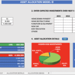 Asset Allocation Model Overview | eFinancialModels Chart illustrating asset allocation with categories including cash, equity, bonds, and real assets, along with investment details.