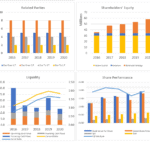 Multi-Year Financial Analysis Charts (2016-2020) | eFinancialModels Four charts analyzing related parties, equity, liquidity, and share performance over five years from 2016 to 2020.