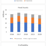Financial Analysis Chart: Debt | eFinancialModels Financial analysis chart depicting bank debt levels, fixed assets distribution, and profitability margins from 2016 to 2020.