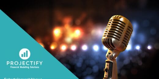 Financial model graphic for entertainment venue projections with microphone theme.