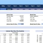 Company valuation model showing intrinsic value, market value, and sensitivity analysis.