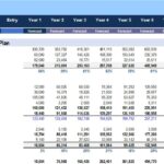 Detailed pro forma income statement with forecasts for revenue, expenses, and profits across ten years.