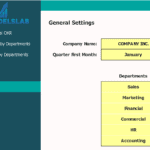 General Settings Interface for Financial Model | eFinancialModels Interface showing company settings, including name and department inputs.