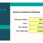 General Dashboard Calendar Settings Interface | eFinancialModels Dashboard calendar settings with fields for header, year, first month, and week day.