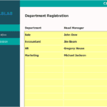 Department registration interface displaying departments and managers' names in Excel.