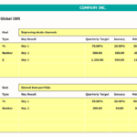 Global OKR Dashboard Overview for Company Targets | eFinancialModels Global OKR dashboard showing goals, quarterly targets, and progress percentages.